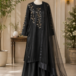 3-Piece Black Hand-Embroidered Full-Length Suit for Women