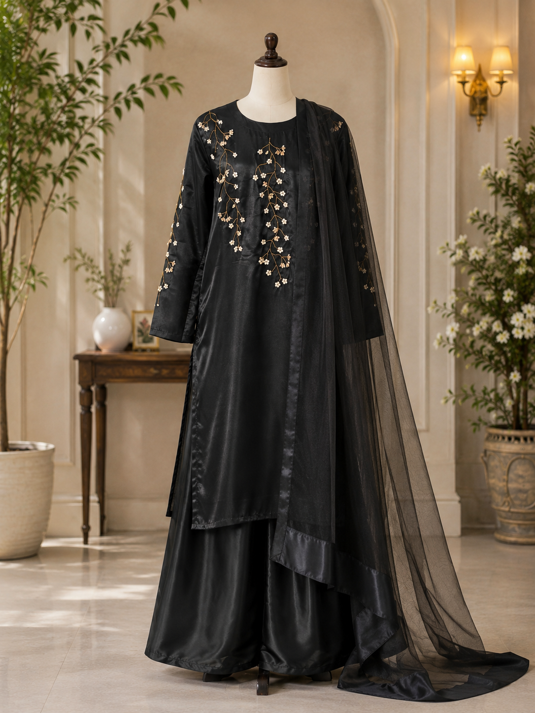 3-Piece Black Hand-Embroidered Full-Length Suit for Women