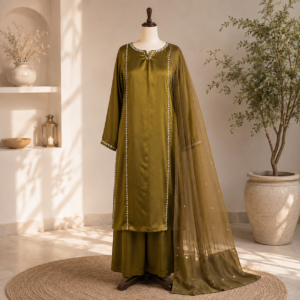 3-Piece Olive Green China Soft Silk Suit