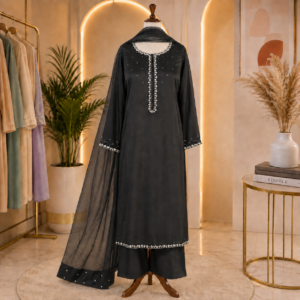 3-Piece Black Korean Silk Suit with Hand Embroidery
